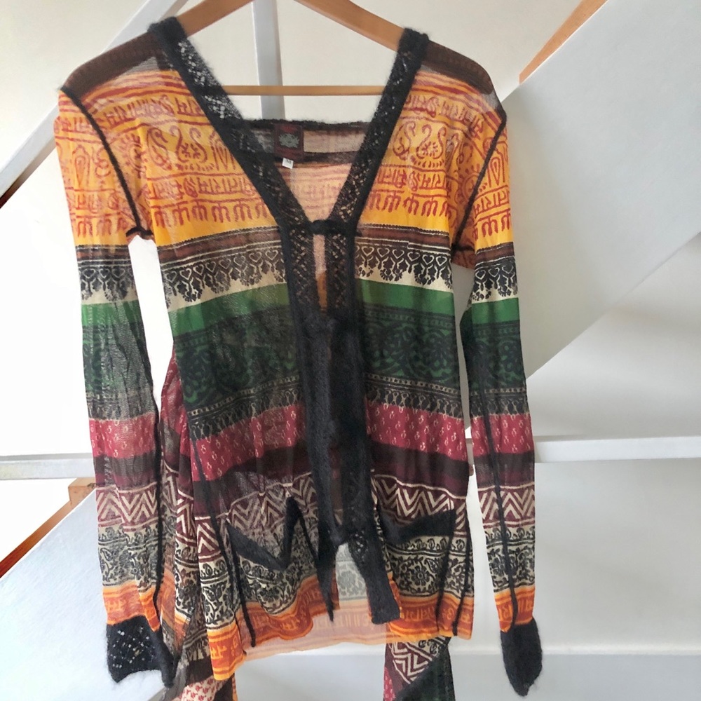 SOLD! Jean Paul Gaultier Sanskrit Tattoo Nylon Mesh Cardigan w Scarf SZ M - Picture 6 of 13